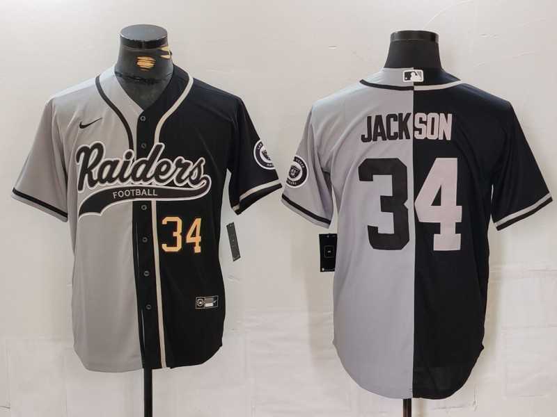 Men%27s Las Vegas Raiders #34 Bo Jackson Number Grey Black Split Cool Base Stitched Baseball Jersey